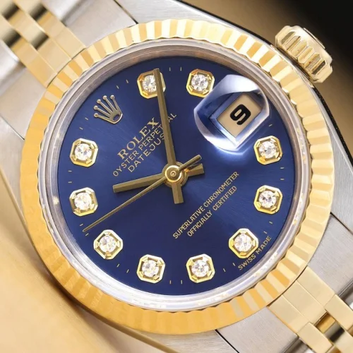 ROLEX LADIES DATEJUST 79173 BLUE DIAMOND DIAL 18K YELLOW GOLD STEEL WATCH