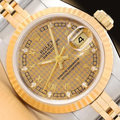 ROLEX LADIES DATEJUST 69173 HOUNDSTOOTH FACTORY DIAMOND ROMAN 18K GOLD SS WATCH