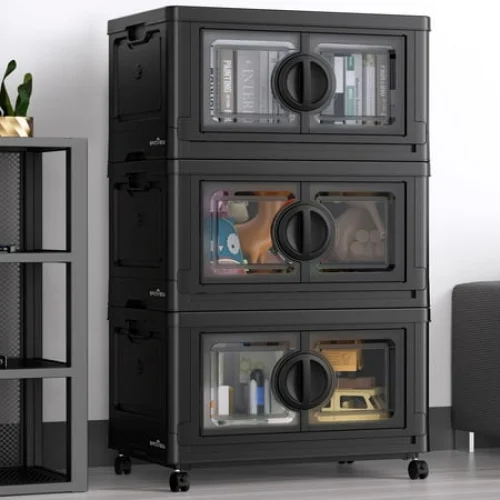 BROVIEW 84Gal Plastic Storage Bins with Lids, 336Qt Large Stackable Storage Bins with Wheels, Collapsible Closet Organizer and Storage Drawers, Storage Cabinets for Home, Office, 3 Pack, Black