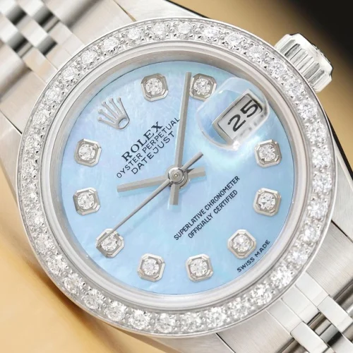 ROLEX LADIES DATEJUST 69174 ICE BLUE MOTHER OF PEARL 18K GOLD SS DIAMOND WATCH