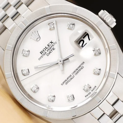 ROLEX OYSTER PERPETUAL DATE 1501 STEEL MOTHER OF PEARL DIAMOND JUBILEE WATCH