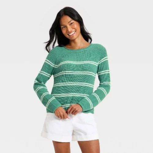 Women's Knit Pullover Sweater - A New Day&trade; Green/Cream Striped M