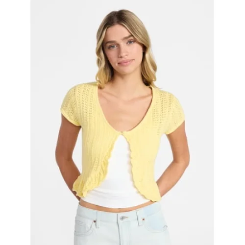 No Boundaries V-Neck Pointelle Cardigan with Short Sleeves, Women's XXS-XXL