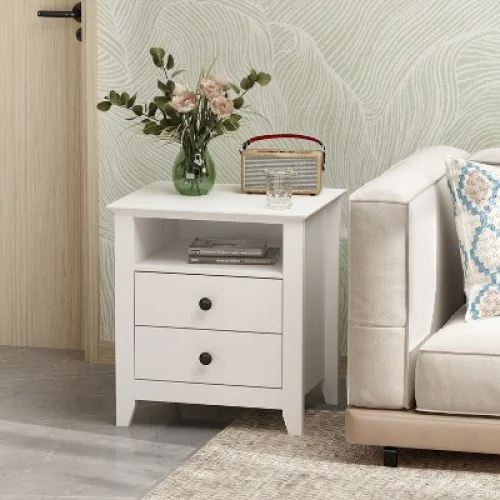Famapy White Nightstand 2 Drawer 1 Open Shelf Modern Design End Table