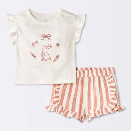 Baby Girls' 2pc Bunny Graphic Embroidered Ruffle T-Shirt and Striped Shorts Set - Cloud Island&trade; Cream 18M