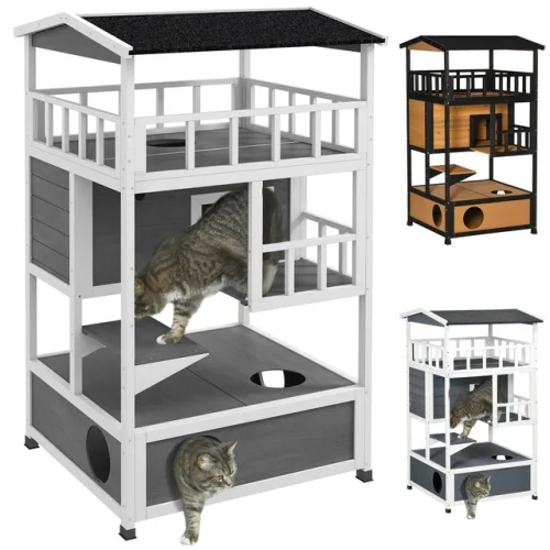 PawHut Feral Cat House, Outdoor Kitten Condo, w/ Asphalt Roof, Escape Door