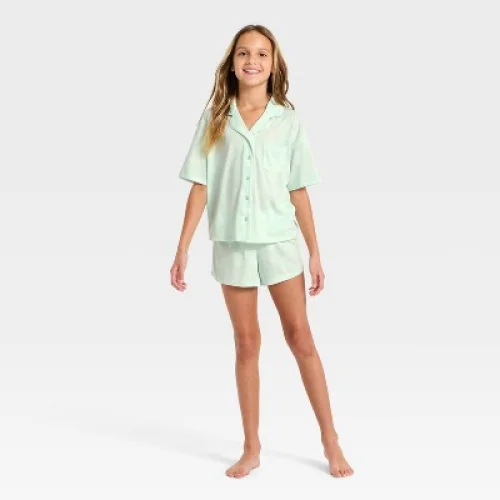 Girls' Butterflies Printed Button-Down Pajama Set - art class&trade; Turquoise Green M