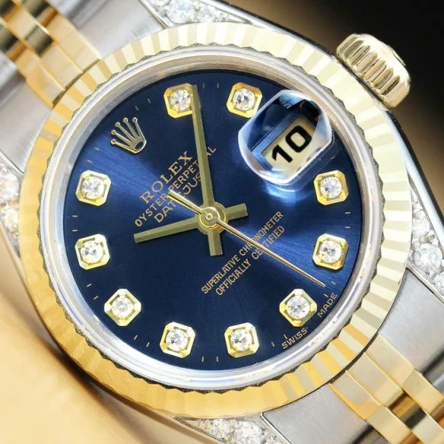 ROLEX LADIES DATEJUST 69173 BLUE DIAL 18K GOLD BEZEL STEEL WATCH w/ DIAMOND LUGS