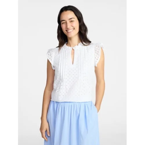 Time and Tru Women's Cotton Eyelet Top with Short Flutter Sleeves, Sizes XS-XXXL