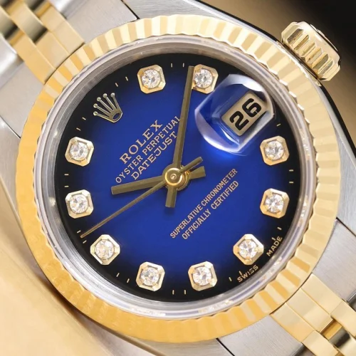 ROLEX LADIES DATEJUST 79173 BLUE VIGNETTE DIAMOND DIAL 18K YELLOW GOLD SS WATCH