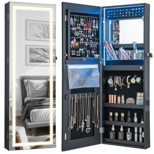 Costway LED Mirror Jewelry Cabinet Wall/ Door Mounted Organizer Armoire w/ 3 Color Light Black