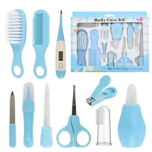 BUSATIA 10 in 1 Baby Healthcare and Grooming Kit,Safety Newborn Nursery Care Set, with Hair Brush Comb,Nail Clipper,Thermometer,Pacifier Clip,Nasal Aspirator for Newborn Infant Baby-Blue