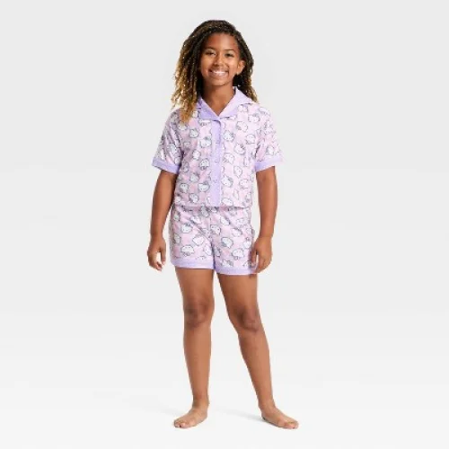 Girls' 2pc Hello Kitty Button-Down Pajama Set - Purple S