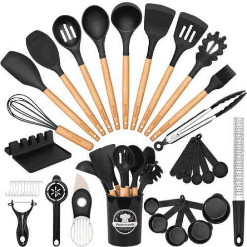 Astercook Silicone Cooking Utensils Set, 38 PCS Kitchen Utensils Set for 446&deg;F Heat Resistant, Food Grade Utensil Sets with Wooden Handle, Kitchen Gadgets for Nonstick Cookware BPA Free (Black)