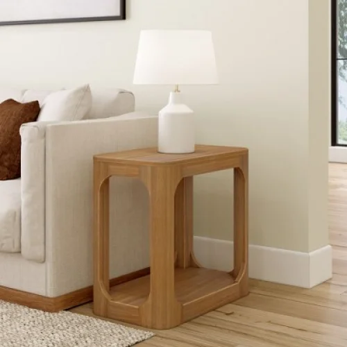 Plank+Beam Rectangular Side Table with Shelf, Slim Side Table for Living Room, Pecan