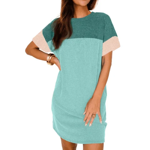 Fantaslook Summer Color Block Dresses for Women Crewneck Short Sleeve T shirts Dress Ribbed Dresses with Pockets