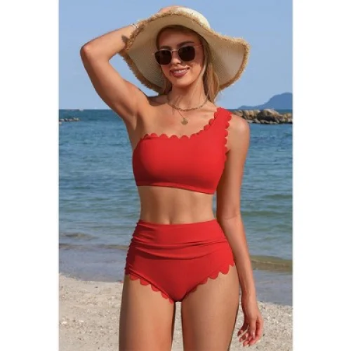 Charmo Women's Convertible One-Shoulder Scalloped Bikini Set Red S