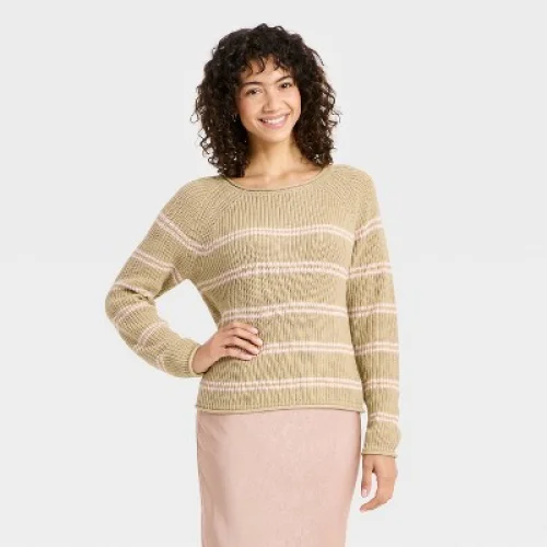 Women's Knit Pullover Sweater - A New Day&trade; Beige/Pink Striped M