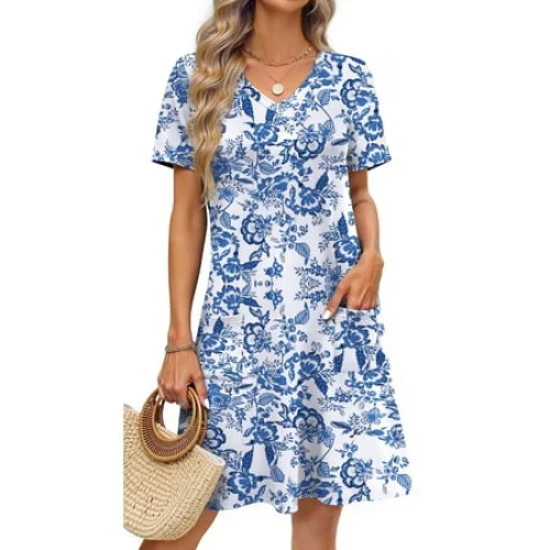 Fantaslook Summer Dresses for Women V Neck Short Sleeve Casual T Shirt Dress Beach Sundresses with Pockets