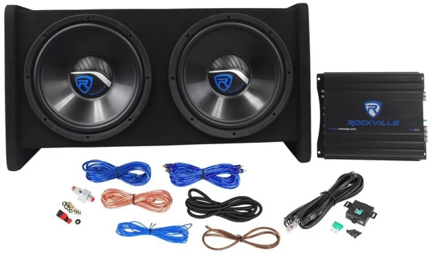 Rockville RV12.2B 1200w Dual 12" Car Subwoofer Enclosure+Mono Amplifier+Amp Kit