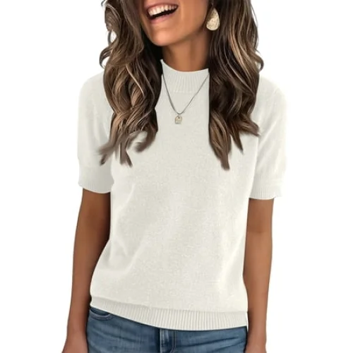 Short Sleeve Sweater for Women Spring Tops Crew Neck Lightweight Pullover Loose Dressy Casual Blouse Basic Clothes White 2XL