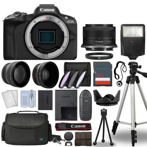 Canon EOS R50 Mirrorless Camera Black + 3 Lens Kit 18-45mm + 32GB + Flash & More