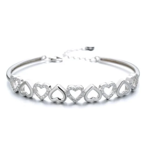 Amy and Annette 14K White Gold Hearts Bangle Adjustable Bracelet with Swarovski Crystals