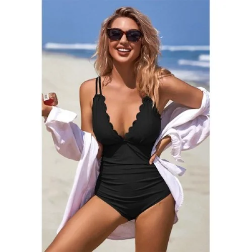 Charmo Women's Scalloped V-Neck Double-Strap One-Piece Swimsuit Black L