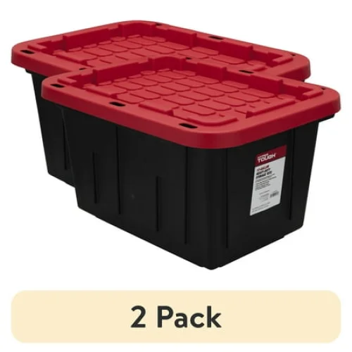 (2 pack) Hyper Tough 12 Gallon Small Storage Bin with Snap Lid, Black and Red, Heavy Duty Plastic Storage Container
