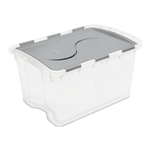 Sterilite 48 Quart Medium Storage Bin with Hinge Lid, Clear Plastic FlipLid Storage Container, Gray