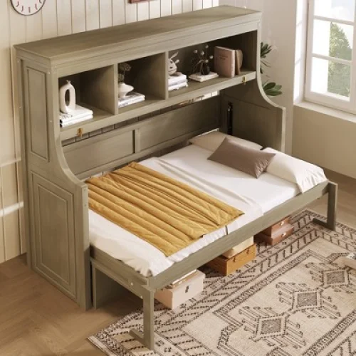 Twin Size Murphy Bed Space-Saving Wall Bed with Desk and Storage Bookshelf, Grey wash - ModernLuxe