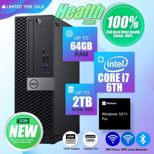 DELL Desktop Computer PC i7, Up to 64GB RAM, 2TB m.2 SSD, Windows 11/10, WiFi