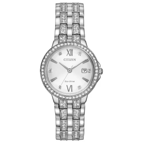 Citizen Women's Crystal Accent Date Silver Eco-Drive Watch 28MM EW2341-63A