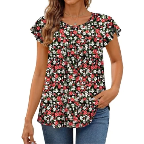 Fantaslook Women's Blouses Dressy Casual Pleated Tunic Tops Floral Ruffle Sleeve Summer Shirts