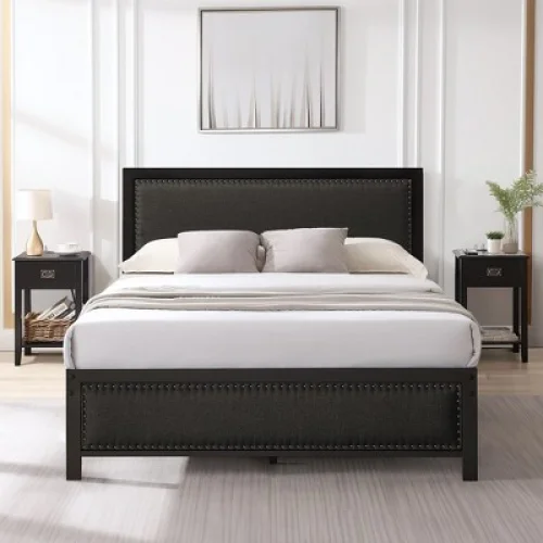 Full Metal Bed Frame with Linen Upholstered Headboard, Platform Bed with Under Bed Storage