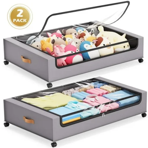 YOUPINS XXL 66L Under Bed Storage Bins with Wheels & Clear Lids &ndash; Rolling Containers for Clothes, Shoes, Toys, 2-Pack (Gray)