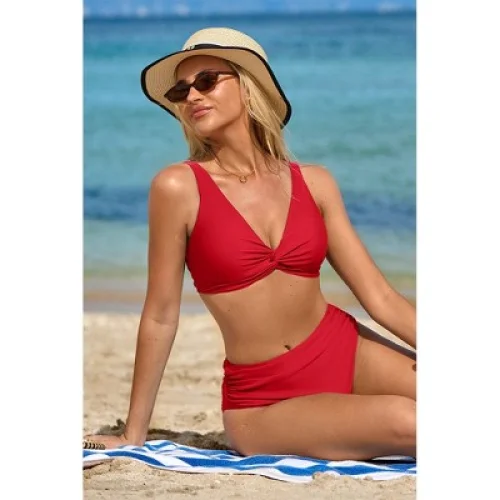 Women's Charmo Twist-Front V Neck High Waisted Ruched Bikini Set with Adjustable Straps - Red L