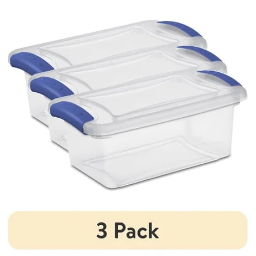 3-Pack Sterilite 7 Quart Small Latching Storage Bin, Clear Plastic Container with Blue Lid