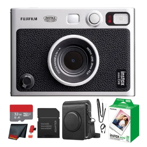 Fujifilm Instax Mini EVO Instant Film Camera (Black) with 20 Films + 32GB Card
