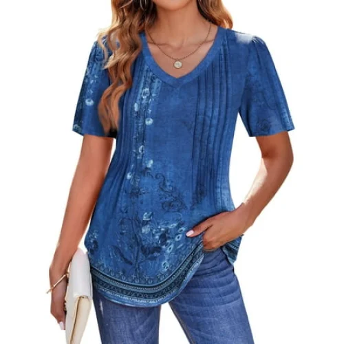 Fantaslook Women's V Neck Pleated Tunic Tops Summer Short Sleeve Boho Shirts