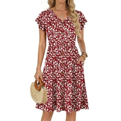Fantaslook Women's Floral Midi Dress with Pockets, Ruffle Sleeve, V-Neck, Flowy Casual Sundress