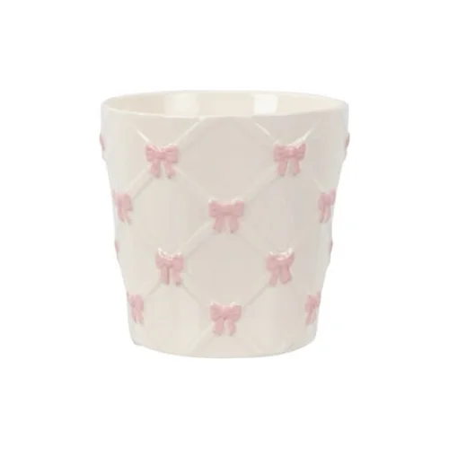 Mainstays 6.25" x 6.25" x 6" Round Cream and Pink Ceramic Bow Planter
