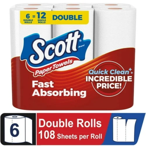 6 Double Rolls Scott Paper Towels, Choose-A-Sheet for Quick Cleaning and Absorbent Strength