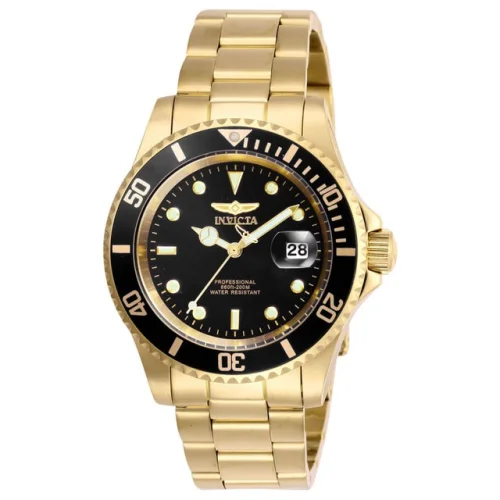 Invicta Men's Pro Diver Quartz Watch Black Dial Yellow Gold Steel Bracelet 26975