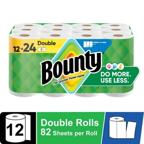 12 Double Rolls Bounty Paper Towels Select-A-Size White, 82 Sheets per Roll