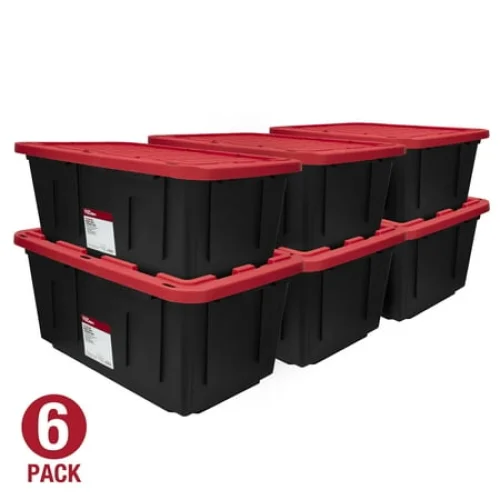 6 Pack Hyper Tough 27 Gallon Large Storage Bin with Snap Lid, Black and Red, Heavy Duty Plastic