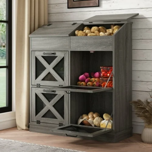 ChVans Large Wooden Potato & Vegetable Storage Bin with 4 Doors, Pantry Cabinet, 32.1"L x 12.4"W x 36"H
