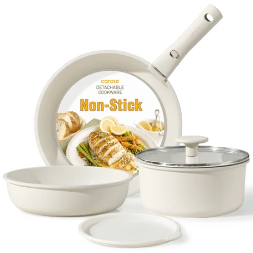 6 Pcs Carote Nonstick Pots and Pans Cookware Set with Detachable Handle, Oven Safe, White