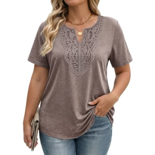 Fantaslook Lace Plus Size Tops for Women V Neck Short Sleeve Blouses Summer Tunic Shirts