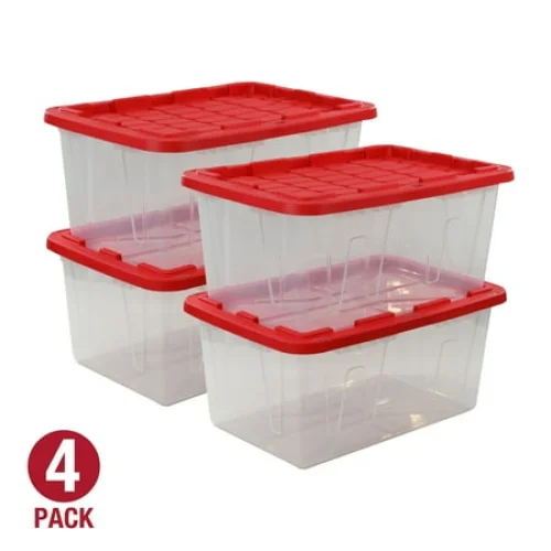 (Pack of 4) Hyper Tough 27 Gallon Clear Storage Bin with Red Snap Lid, Heavy Duty Plastic Storage Container